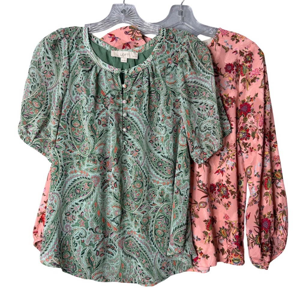 LOFT Green Paisley Short Sleeve Blouse with Pink Floral Long Sleeve Layer